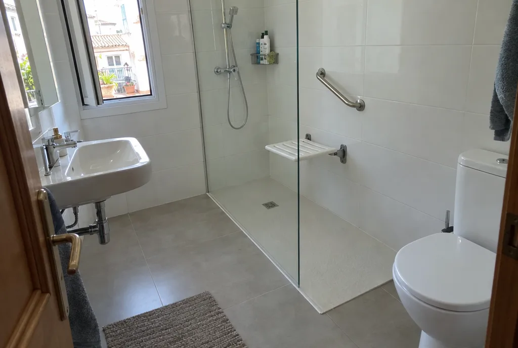 Baño reformado con ducha a ras de suelo, asiento abatible, barra de apoyo de acero y mampara de vidrio