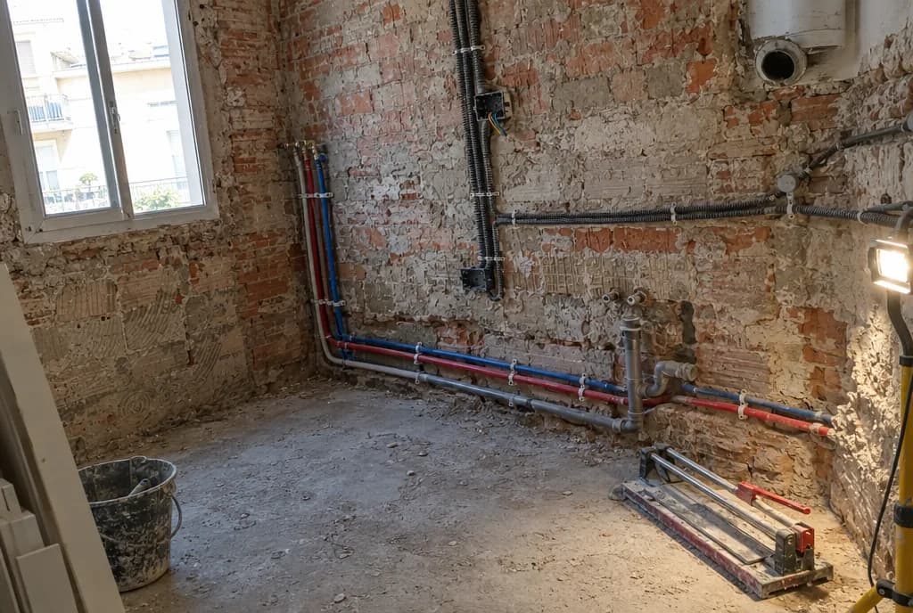 Habitación en obra con el ladrillo visto, tuberías de agua nuevas y tubos corrugados de electricidad fijados a la pared